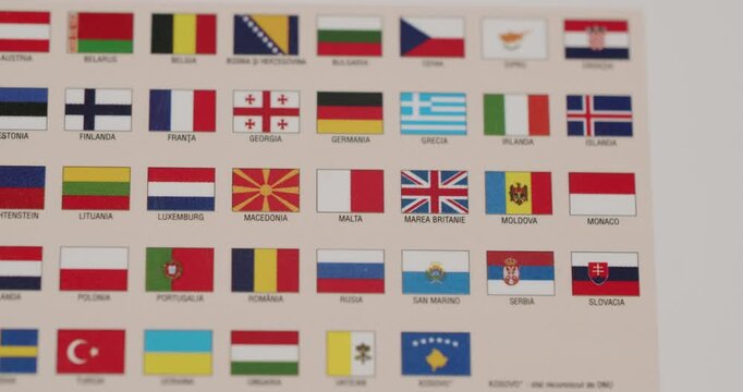 Map of Europe decorated with national flags Italy, Germany, France, Spain, Portugal, United Kingdom and many more ideal for travel, geography, education, politics and tourism visuals