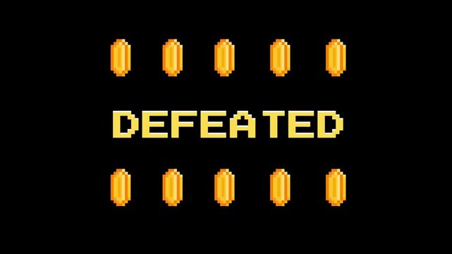 Retro video game screen displaying the word DEFEATED with a border of gold coins, evoking a sense of failure or loss in a digital world