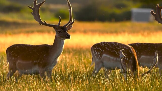 Herd of Fallow Deer Stags Walking Through Grassland in Golden Hour Light