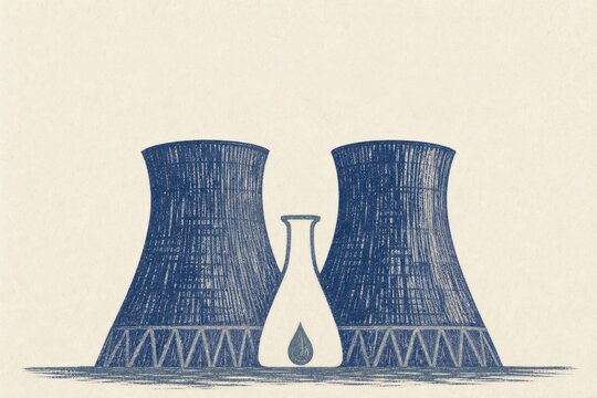 Nuclear power plant illustration with cooling towers and energy concept