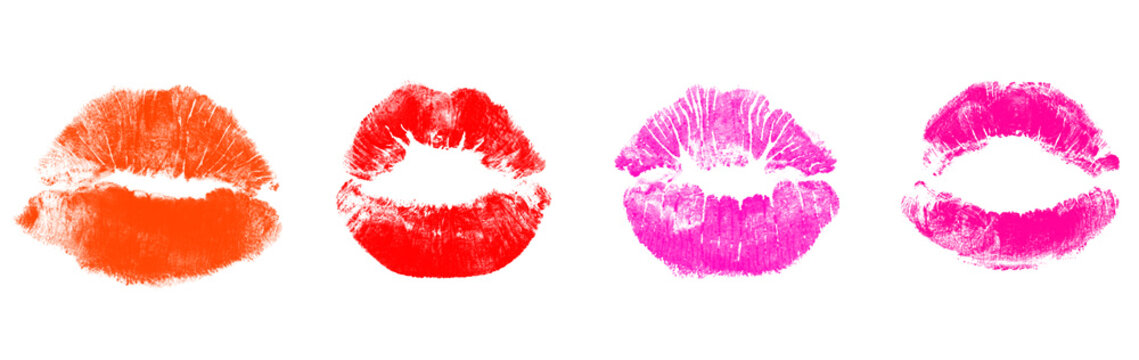 Set of a striking close up image of red lips textured makeup lip prints on white and black backgrounds