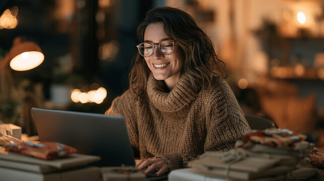 A smiling woman in glasses and a warm sweater is working on her laptop in a cozy caf&eacute; with soft evening lighting.