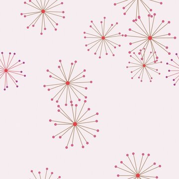 Seamless pattern of red and brown starburst or dandelion on a soft light pink solid background