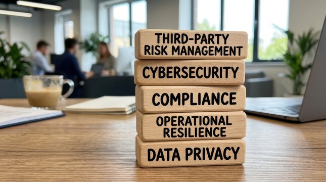 Third-party risk management and cybersecurity compliance wooden blocks