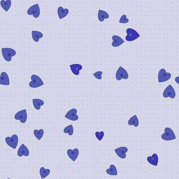 Seamless pattern of small blue heart shapes with a central dot on a light blue dotted grid... love d