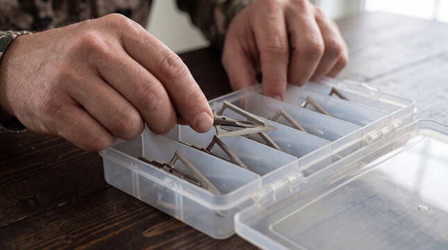 Hands carefully organizing sharp broadhead arrow tips in a clear plastic storage container, preparing for archery hunting and ensuring equipment readiness for outdoor sport