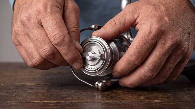 Angler hands carefully adjusting the spinning fishing reel's drag system on a rustic wooden table. Performing maintenance and preparing fishing equipment for an upcoming fishing trip or hobby activity