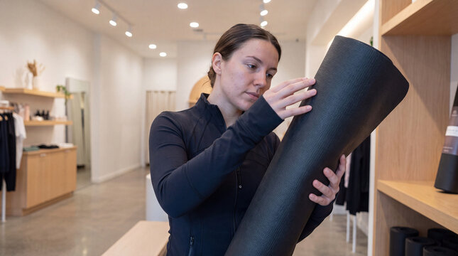 Woman in athletic wear examining a rolled yoga mat with her hands, looking at the quality and texture while shopping for fitness equipment in a modern retail store