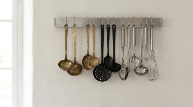 Assorted kitchen utensils hanging on metal wall rack