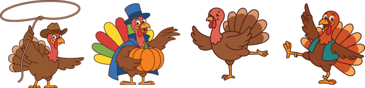 A delightful collection of cartoon turkeys celebrating the joyous and thankful spirit of happy thanksgiving day