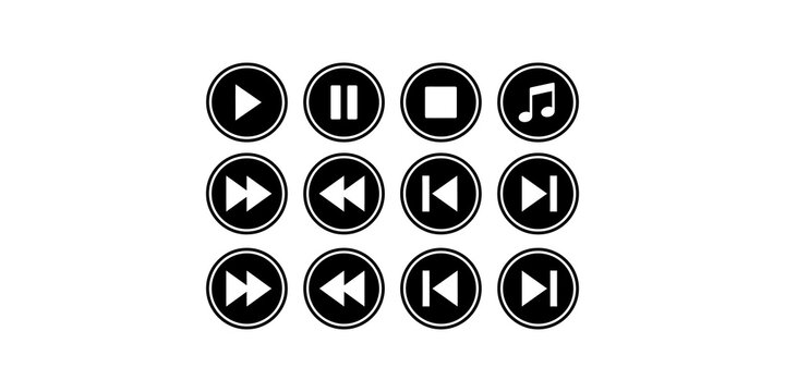 Black circular media player icons for play pause stop next previous and music note.