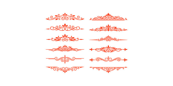 Decorative floral scroll borders and ornamental divider elements in vibrant red for professional page layout.