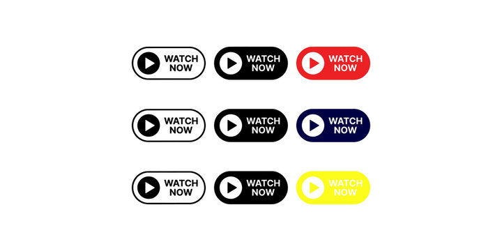 Nine watch now button icons in black, red, blue, and yellow with play symbol for video streaming.