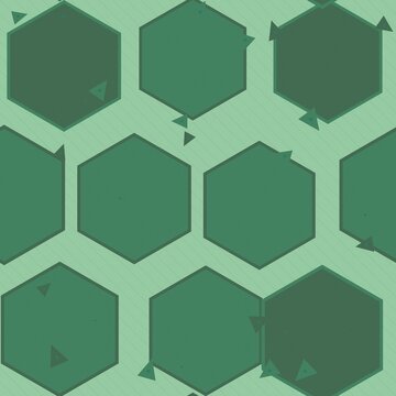 Seamless pattern with dark green hexagons and small triangles on a light green diagonal lined... des