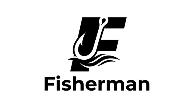 Fisherman emblem with a hook silhouette incorporated into a bold letter F.
