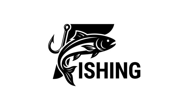 Fishing logo featuring a jumping fish combined with a hook and text on a clean white background.