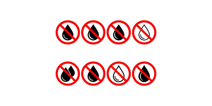 Collection of warning signs depicting no water or no liquids allowed with different droplet designs.