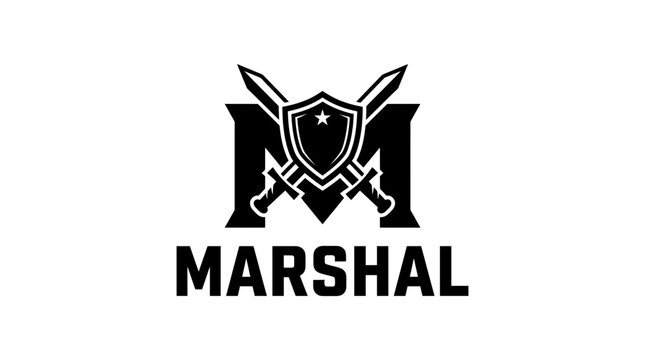 Emblem incorporating a martial theme with swords and a shield behind letter typography.