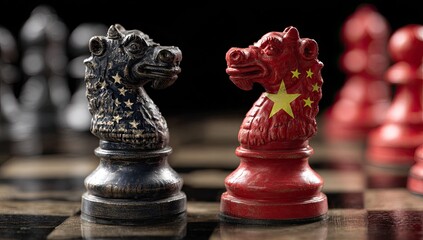 Fototapeta premium Chess knights represent USA and China on a chessboard, political commentary