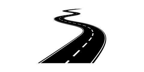 Winding road perspective graphic with black asphalt and white dashed lines for transportation and logistics themes. © Jpeg shop opened