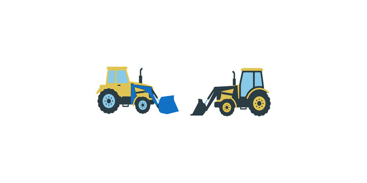 Tractors farm vehicles isolated illustration set with yellow cabin blue shovel black wheels agricultural machinery.