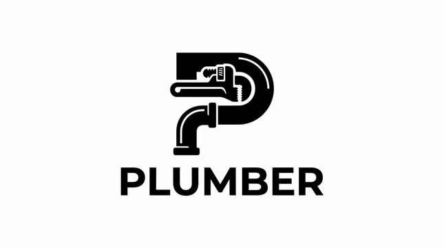 Plumber logo featuring a letter P shape made from water pipes and an adjustable wrench on a white background.