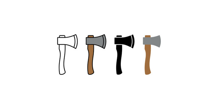 A set of four different styles of axes or hatchets with wooden and metal handles for various cutting tasks.