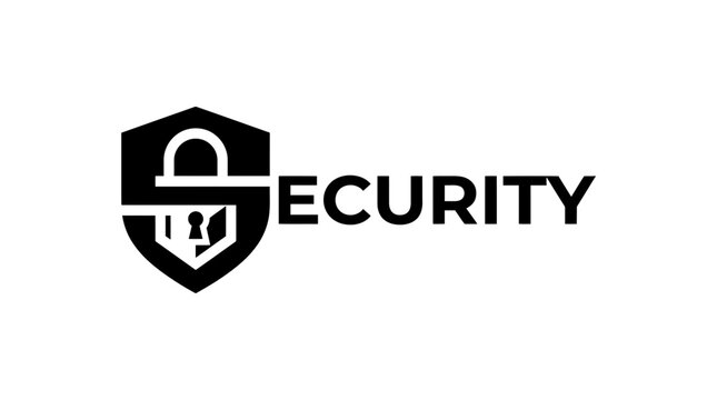 Security text logo showcases a bold typography combined with a protective shield and padlock icon on a plain white backdrop.