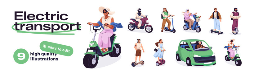 People ride electric transport. Characters travel in city with electric cars and motorcycles. People ride bicycles and scooters. Characters with eco city transport. Men and women with eco bikes © Paper Trident