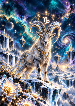 Majestic Capricorn Zodiac Mountain Goat with Glowing Horns in a Magical Cosmic Landscape
