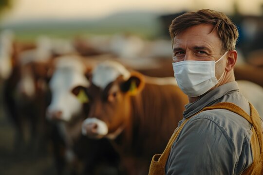 Farmer wearing protective face mask standing outdoors on cattle farm with blurred cows in background