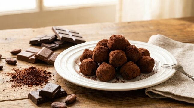 Dark chocolate truffles on plate with cocoa beans and powder