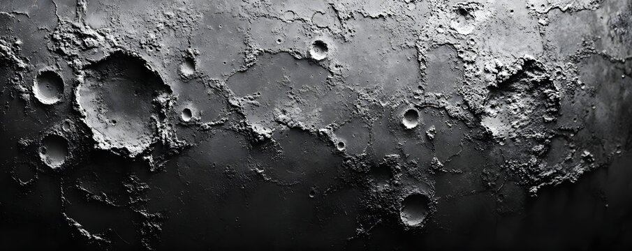 Macro close-up shot of a textured metallic surface resembling a cratered moon landscape in monochrome