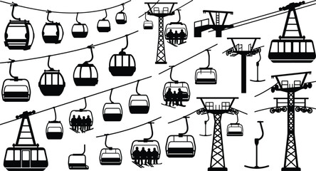 Ski resort ski lift silhouettes collection featuring gondola cabins, chairlifts, ropeways, and mountain cable transport systems. © Rehena
