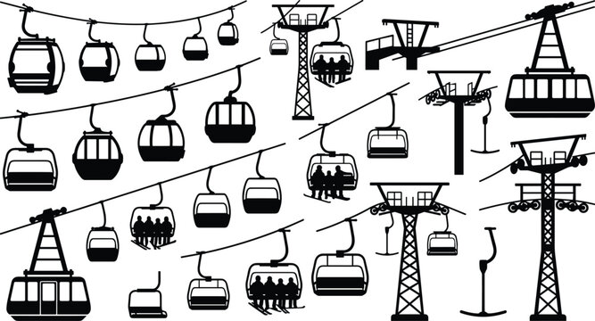 Ski resort ski lift silhouettes collection featuring gondola cabins, chairlifts, ropeways, and mountain cable transport systems.