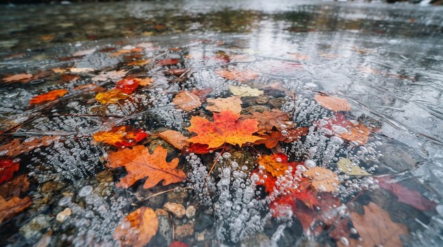 Colorful autumn leaves trapped under a thin layer of clear ice on a shallow creek bed.
