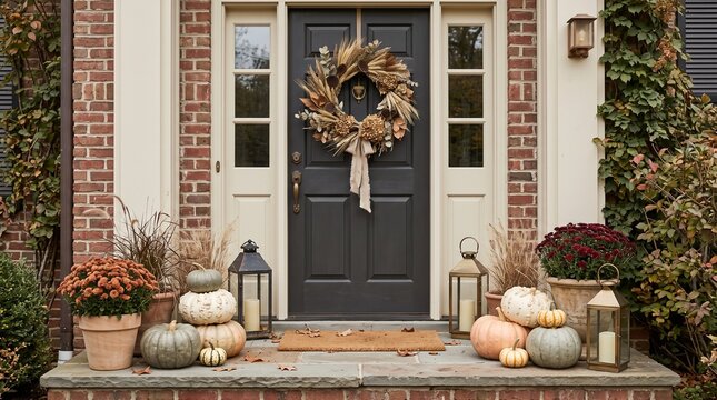 Autumnal front door decor with a natural wreath, dark gray door, brick facade, and an assortment of pumpkins, lanterns, and potted mums, creating a welcoming fall scene for home and garden themes