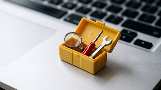 Miniature yellow toolbox with tools on a laptop keyboard for computer repair and IT support concept