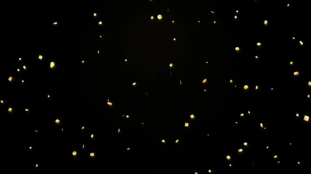 Golden confetti and sparkles slowly falling against a solid black background, creating an abstract celebratory overlay animation.