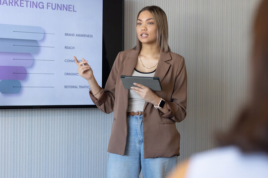 African American woman presenting funnel slide beside display wearing brown blazer holding tablet
