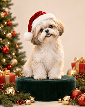 Cute fluffy shih tzu puppy wearing santa hat sitting on a red velvet pillow near Christmas tree with glowing lights, festive holiday wallpaper background for mobile phone screen saver