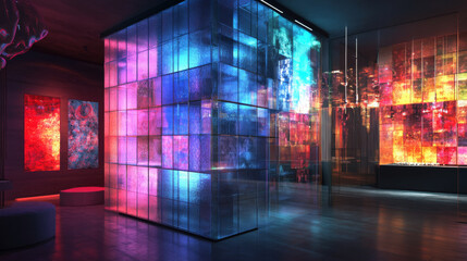 Obraz premium A versatile room with a colorful, see-through glass wall and a glowing glass sign. A 3D image.