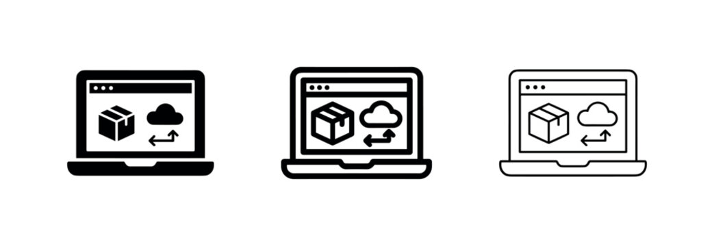 Online delivery tracking and cloud logistics on laptop icon set