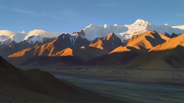 Lhasa tibet sunrise over golden snow capped mountains