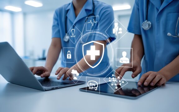 Medical Professionals Using Digital Technology And Security Icons In A Modern Hospital