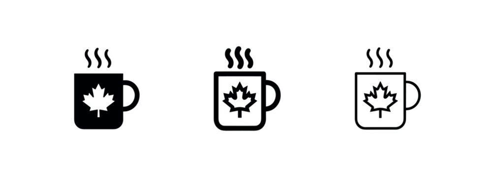 Canadian Hot Drink Icon Set with Maple Leaf Mug and Steaming Coffee