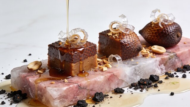 Honey-drizzled salak snake fruit paste blocks on marble