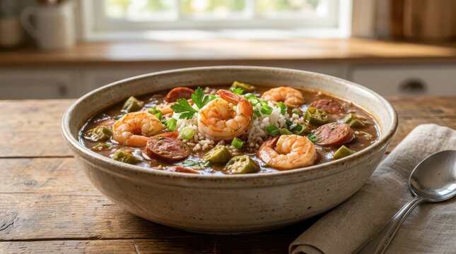 Delicious shrimp and sausage soup with rice and vegetables in bowl