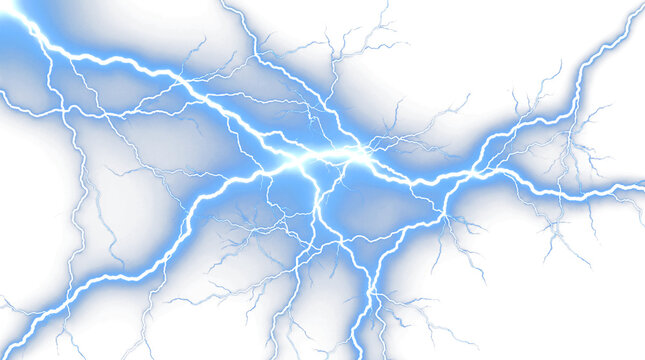 Electric blue lightning bolt isolated on transparent background, digital vector illustration of thunderstorm energy, perfect for weather graphics, storm posters, and digital media design