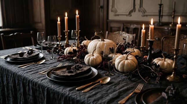 Elegant Halloween dinner table setting, dark moody aesthetic, white pumpkins, black plates, and glowing candles creating a sophisticated autumn atmosphere for festive celebrations
